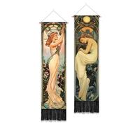PLIGREAT Pack de 2 tapices verticales estilo Mucha Art Nouveau Póster Estético Tapiz de Pared para Dormitorio Baño Vintage Largo Estrecho Tapiz de Pared Dormitorio Habitación Hogar Arte Decoración
