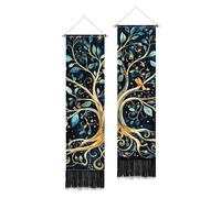 PLIGREAT Paquete de 2 tapices verticales con diseño de árbol de la vida, diseño de hojas y pájaros, con borlas, color negro, estético, para dormitorio, baño, sala de estar, largo y estrecho,