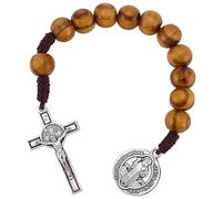 PLIGREAT Rosario con medalla de bolsillo Rosario hecho a mano de cuentas de madera marrón con medalla de San Benito y crucifijo (un esbozo) 19 cm