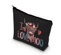 PLITI Highland Cow - Bolsa de maquillaje para amantes de las vacas, bolsa de cosméticos para niña de granja, regalo con texto en inglés "I Love Moo", divertido regalo para novia y esposa, I Love Cow