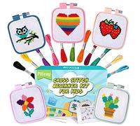 Pllieay 5 kits de punto de cruz para niños de 7 a 13 años, incluye 5 patrones de proyecto y 5 aros cuadrados de bordado, 11 madejas, kit de inicio de punto de aguja con instrucciones (idioma español