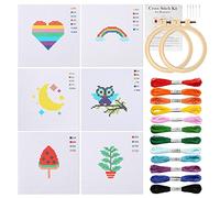 Pllieay Kit de punto de cruz para principiantes, incluye 6 piezas de patrón de punto de cruz y 2 aros, 12 madejas, kit de costura con instrucciones (idioma español no garantizado)