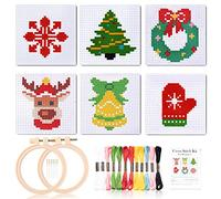 Pllieay Kits para principiantes de punto de cruz navideño para niños de 7 a 13 años, incluye 6 patrones de punto de cruz de proyecto y 2 aros, 14 hilos para bordar