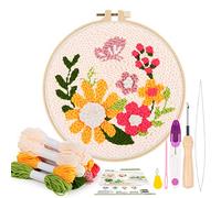 Pllieay Los Kits de iniciación de Bordado de Aguja de perforación Incluyen Instrucciones,Tela de patrón Floral,Hilos,Aros de Bordado,Herramientas de enhebrador para perforar Aguja de punzón