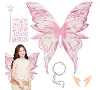 PLLYPE Alas de Hada, Alas de Hada Mujer, con Guirnalda, Varita de Hada Estrella, Pegatina de Mariposa, Orejas de Hada, para Halloween, Carnaval, Navidad, Fiesta Cumpleaños, Verde, Rose