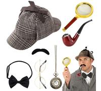 PLLYPE Juego de 7 accesorios para disfraz de detective, accesorios para disfraz de Sherlock Holmes con sombrero de detective, pajarita detective, lupa, accesorios de cosplay para Carnaval
