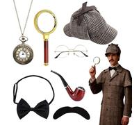 PLLYPE Juego de accesorios para disfraz de detective, 5 unidades, disfraz de Sherlock Holmes, accesorios de detective, con sombrero de detective, gafas de metal, lupa, pajarita para hombre, barba