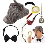 PLLYPE Juego de accesorios para disfraz de detective, 7 unidades, accesorios para disfraz de Sherlock Holmes con sombrero de detective, gafas de metal, lupa, pajarita para hombre, barba, detective