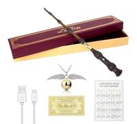 PLLYPE Varita mágica de Dumbledore, varita mágica de 38 cm, varita de anciano iluminada, varita de mundo mágico de carga USB, accesorio de disfraz de Halloween con collar de snitch, mesa de hechizos