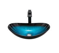 PLMNBQWE Combinación de Lavabo y Grifo para baño, Juego de Lavabo artístico de Vidrio Templado, Lavabo de encimera Ovalado Azul con Grifo Negro Pop-U