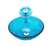 PLMNBQWE Lavabo de baño de Cristal Templado, Lavabo Redondo Azul Cielo, Juego de Lavabo con Grifo, desagüe emergente y tubería de Agua, para encimera.