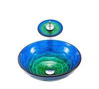 PLMNBQWE Lavabo de baño de Vidrio Templado, Redondo, sobre encimera, con Grifo Cascada, Estilo Art déco.