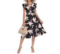 PLMOKEN Vestidos de verano para mujer, vestido floral de manga corta, cuello en V, longitud a la rodilla, holgado, con volantes, vestidos de playa con bolsillos, Morning Glory, M