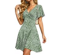 PLMOKEN Vestidos de Verano para Mujer Vestido Sexy con Cuello en V y Manga con Volantes Vestidos de Playa con Bolsillos Hojas de Olivo XL