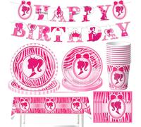 PLNVNVP 52Pcs Vajilla de Fiesta de Niña, Juego de Vajilla de Fiesta de Princesa, Plato, Taza, Mantel, Pancartas, Servilleta, Vajilla para Fiesta de Cumpleaños para Niñas
