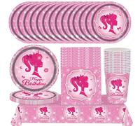 PLNVNVP 69Pcs Vajilla de Fiesta, Juego de Vajilla de Fiesta de Princesa, Plato, Taza, Mantel, Servilleta, Vajilla para Fiesta de Cumpleaños para Niñas, 16 Invitados