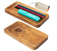 Plogis Bandeja de madera rectangular de acacia, juego de 2 mini bandejas decorativas de madera, 20 x 10 cm, pequeña/decorativa de madera, alargada/para bolígrafos, escritorio, bandeja decorativa