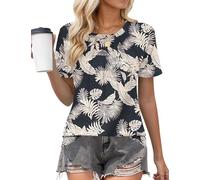 PLOKNRD Camiseta Mujer Manga Corta Cuello Redondo Blusas Mujer Verano Elegantes Suelto Básica Top Hoja de Selva M