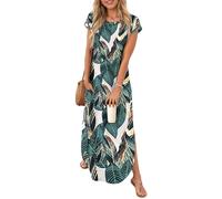 PLOKNRD Vestido de Verano con Bolsillo Falda Larga de Cuello Redondo de Manga Corta Ropa de Mujer de Playa de Vacaciones y Ocio Hojas Verdes L