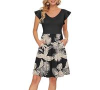 PLOKNRD Vestido de Verano Mujer V Cuello Pétalos Volantes Vestido de Manga Corta Dos Bolsillo Elegante Falda de Playa de Rodilla Selva Tropical XL