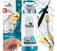 Plonos Aqua Pro - Pulverizador a presión (8 L, Boquilla de latón y Lanza de Acero Inoxidable, 83 cm, con Correa para el Hombro y Embudo Integrado), Color Blanco y Turquesa