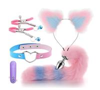 Plug Anal 5 piezas de cola de zorro tapón con clips de pezón de cuello orejero mini bala vibrador sexual juguetes Para Mujeres Anus Long Fox Tail Anal Anal