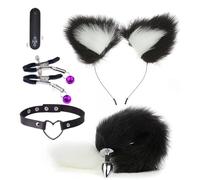 Plug Anal 5 piezas de cola de zorro tapón con clips de pezón de cuello orejero mini bala vibrador sexual juguetes Para Mujeres Anus Long Fox Tail Anal Anal