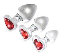 XR Brands Juego de plugs anales de cristal con joya roja con forma de corazón