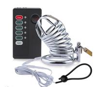 Plug Anal Dispositivo de cinturón de castidad de descarga eléctrica con tapón anal de metal, jaula para pene, anillo para pene, juguete sexual para hombres