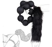 Plug anal extra largo con 9 perlas analesConector anal de perlas de silicona líquida con cola de zorro artificialMasajeador del punto G de la próstataJuguetes sexuales de masturbación(L)