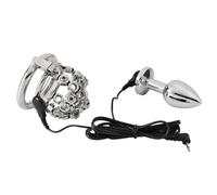 Plug Anal Jaula de castidad con bloqueo de pene de acero inoxidable, descarga eléctrica, jaula de Metal pequeña para pene, cinturón de Bondage, anillo, Electro tapón anal