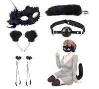 Plug Anal Sex Toýs con Cola de Zorro, 5 Piezas SM Kit Orejas de Gato Mordaza Máscara Pinzas para Pezones, Juegos Sexuales Pareja para Sexo Cosplay Mujer Hombre