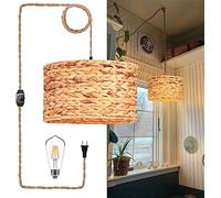 Plug in Pendant Light,15FT Hanging Lights with Plug in Cord,Hanging Lamp with Rattan Boho Woven LampShade,Hemp Rope Cord and Dimmable Switch,Plug in Hanging Ceiling Light For Bedroom Living Room