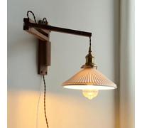 Plug in Wall Sconce Antique Wall Light Fixture Wood Wall Sconces Lighting Indoor Wall Lamp White Pleated Ceramic Wall Lights for Living Room Bedroom Bedside Reading/Walnut