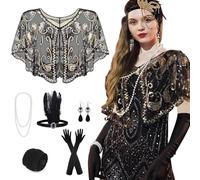 PLULON 10 Piezas 1920s Flapper Gran Gatsby Accesorios Set Moda Roaring 20's Theme Set con Diadema Tocado Largo Negro Guantes Collar Pendientes para Mujer (Black Gold)