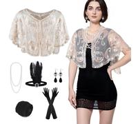 PLULON 10 Piezas 1920s Flapper Gran Gatsby Accesorios Set Moda Roaring 20's Theme Set con Diadema Tocado Largo Negro Guantes Collar Pendientes para Mujer (Beige Gold)