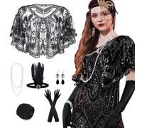 PLULON 10 Piezas 1920s Flapper Gran Gatsby Accesorios Set Moda Roaring 20's Theme Set con Diadema Tocado Largo Negro Guantes Collar Pendientes para Mujer
