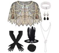 PLULON 1920s Flapper Accesorios Set Lentejuelas Chal Wraps Pluma Diadema Perla Collar Pulsera Pendientes Guantes para Mujer