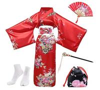 PLULON 5 uds bata japonesa Geisha Yukata vestido flor albornoz de satén con bolsa con cordón abanico de mano horquilla Tabi conjunto de calcetines (FR/ES, Letras, Talla única, Regular, Regular, Red)