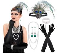 PLULON 7 piezas 1920s Flapper Great Gatsby Accesorios Set Moda Roaring 20's Theme Set con Diadema Tocado Largo Negro Guantes Collar Pendientes para Mujer (Estilo 5)
