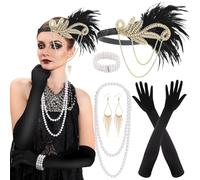 PLULON 7 Piezas 1920s Flapper Great Gatsby Accesorios Set Moda Roaring 20's Theme Set con Diadema Tocado Largo Negro Guantes Collar Pendientes para Mujer (Estilo 4)