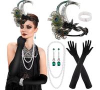 PLULON 7 piezas 1920s Flapper Great Gatsby Accesorios Set Moda Roaring 20's Theme Set con Diadema Tocado Largo Negro Guantes Collar Aretes para Mujer (Estilo 6)