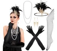 PLULON 8 Piezas 1920s Flapper Gran Gatsby Accesorios Set Moda Roaring 20's Theme Set con Diadema Tocado Largo Negro Guantes Collar Pendientes para Mujer