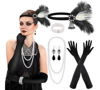 PLULON 8 Piezas 1920s Flapper Gran Gatsby Accesorios Set Moda Roaring 20's Theme Set con Diadema Tocado Largo Negro Guantes Collar Pendientes para Mujer