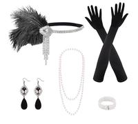 PLULON 8 piezas 1920s Flapper Great Gatsby Accesorios Set Moda Roaring 20's Theme Set con Diadema Tocado Largo Negro Guantes Collar Pendientes para Mujer (Estilo 3)