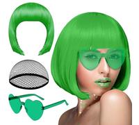 PLULON Dunkelgrün Bob Perücke und Sonnenbrille Set, Neon Kurze Bob Perücke Sonnenbrille Pack Kostüm Bunte Cosplay Perücke Haarteile für Bachelorette Neon Party Favors