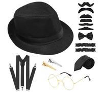 PLULON Juego 12 accesorios disfraz para hombre los años 20, disfraz gángster retro rugiente, sombrero, pajarita, reloj bolsillo, tirantes, gafas, barba, ligas brazalete, reloj bolsillo