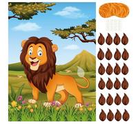 PLULON Juego de Fiesta Pin The Tail on The Lion para niños, póster de Juegos león con 32 Pegatinas Cola para Regalos Fiesta león Suministros cumpleaños niños Decoraciones