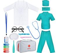 PLULON Kit disfraz médico niños abrigo médico pantalones médicos azules bandeja estetoscopio realista bisturí bolsa transporte accesorios juego simulación niñas fiesta disfraces Disfraces Halloween