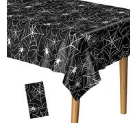 PLULON Mantel de Halloween de 137 x 274 cm mantel de tela de araña de plástico, mantel de feliz Halloween para decoración de mesa de cena de vacaciones, suministros de fiesta de Halloween